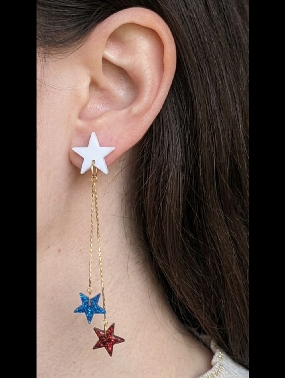 Patriotic Star 18KGP Gold Chain Earrings Red White Blue Acrylic 4th of July - Picture 3 of 4